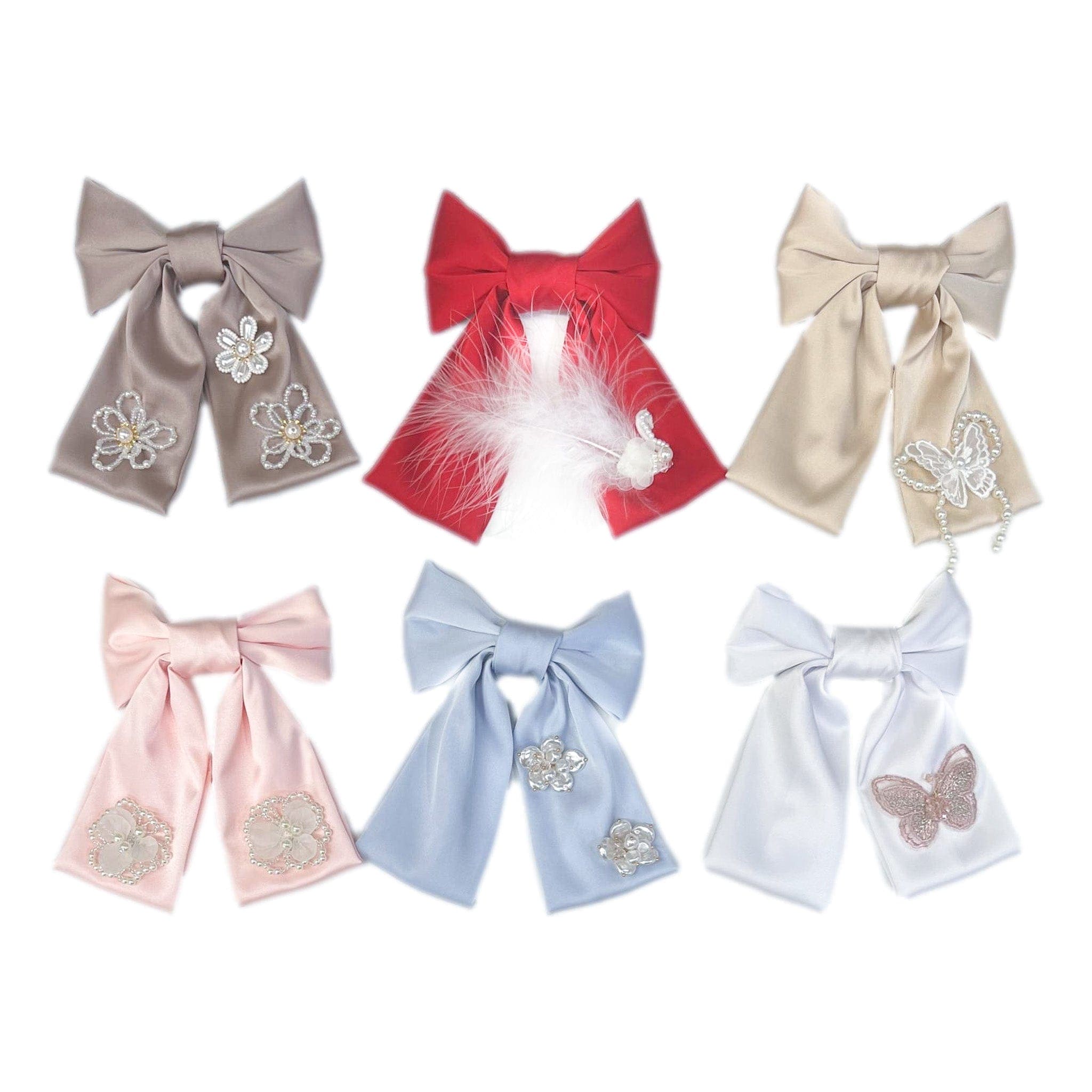 Anise Satin Embroidered Hair Bows with embellishment details