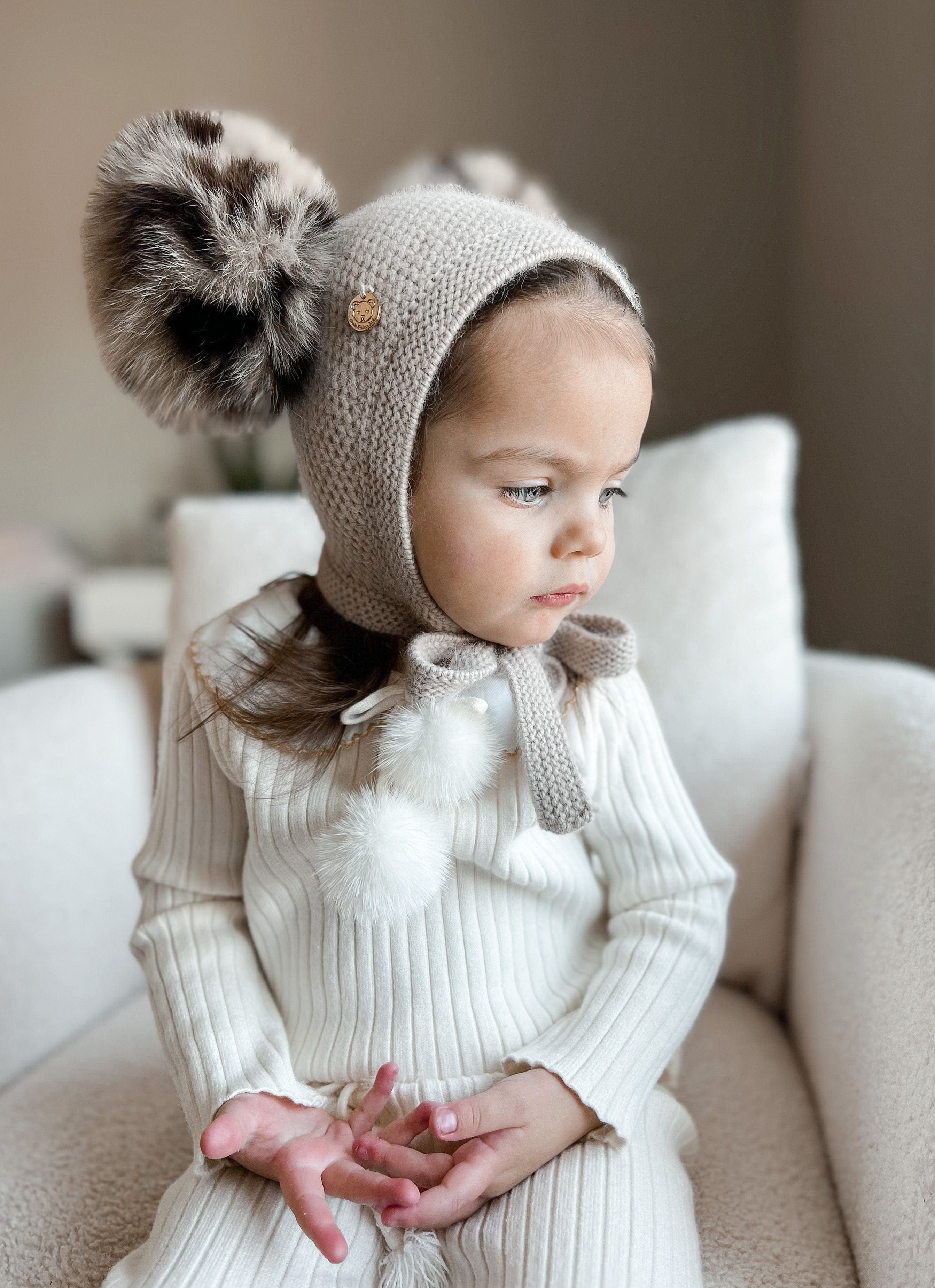 Honeycomb Beige Cashmere Bonnet with Animal Print Poms - Petite Maison Kids