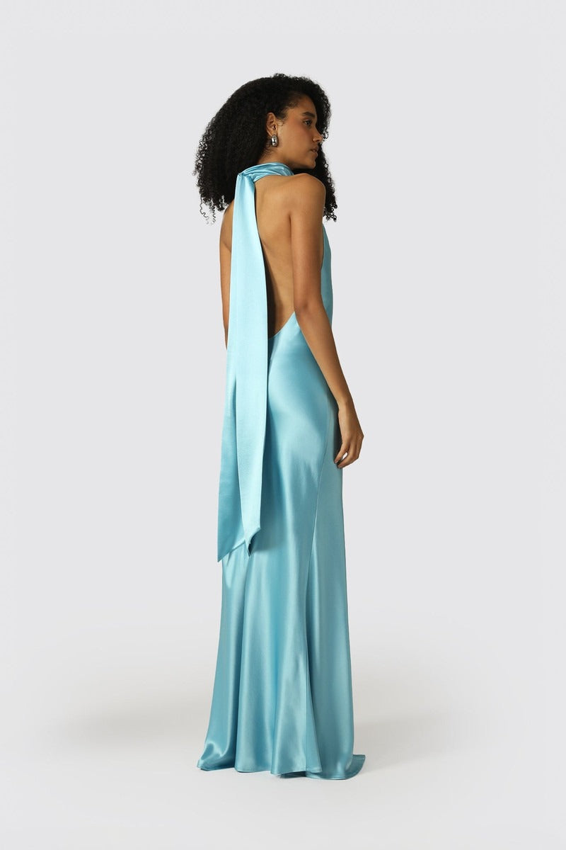 Penelope Backless Satin Gown - Sky Blue