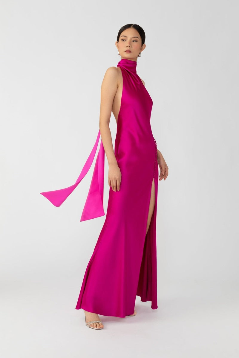 Penelope Backless Satin Gown - Magenta Pink