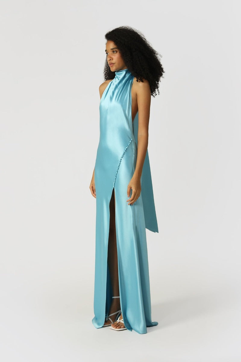 Penelope Backless Satin Gown - Sky Blue