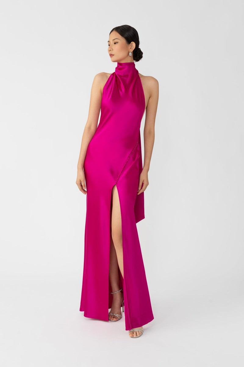 Penelope Backless Satin Gown - Magenta Pink