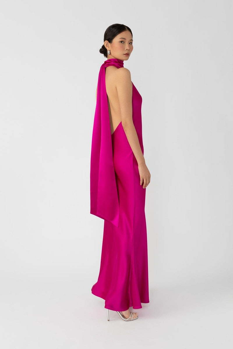 Penelope Backless Satin Gown - Magenta Pink