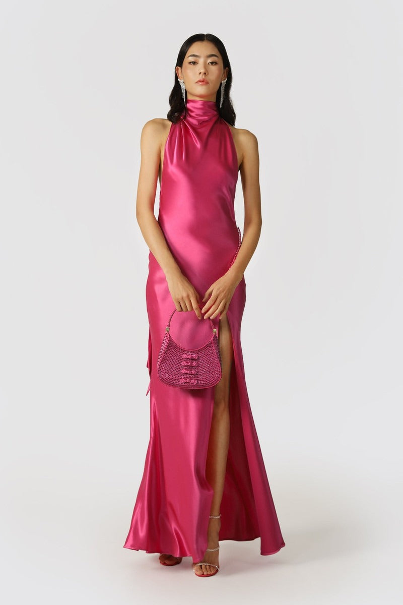 Penelope Backless Satin Gown - Magenta Pink