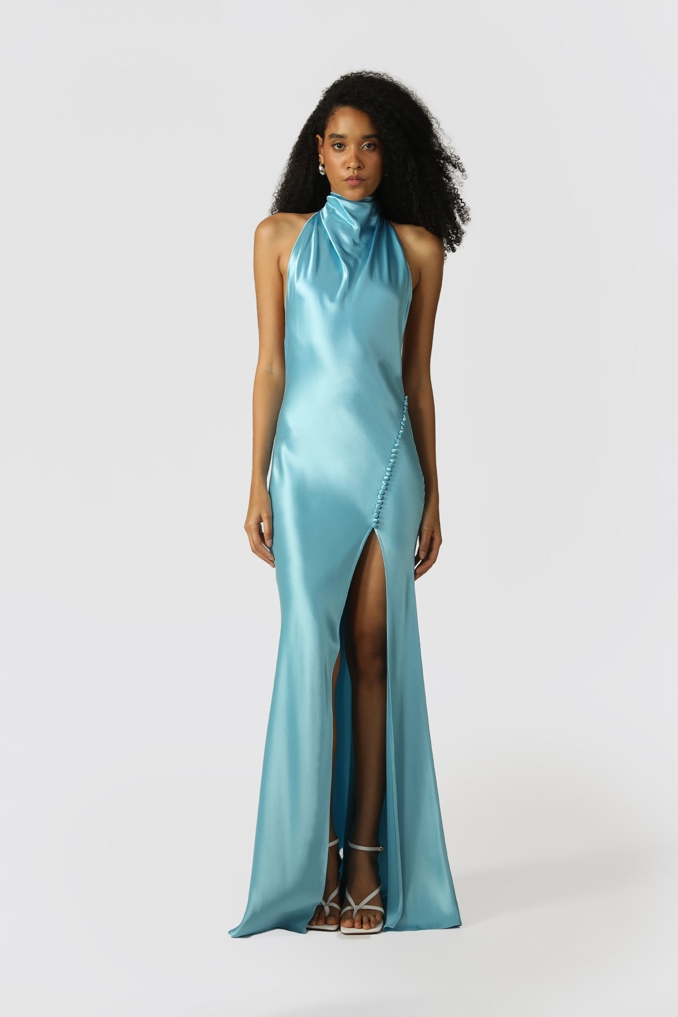 Penelope Backless Satin Gown - Sky Blue