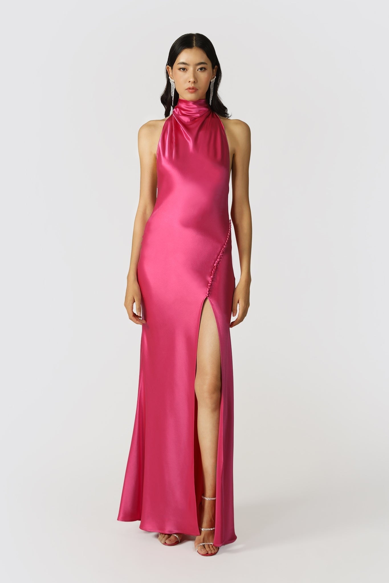 Penelope Backless Satin Gown - Magenta Pink