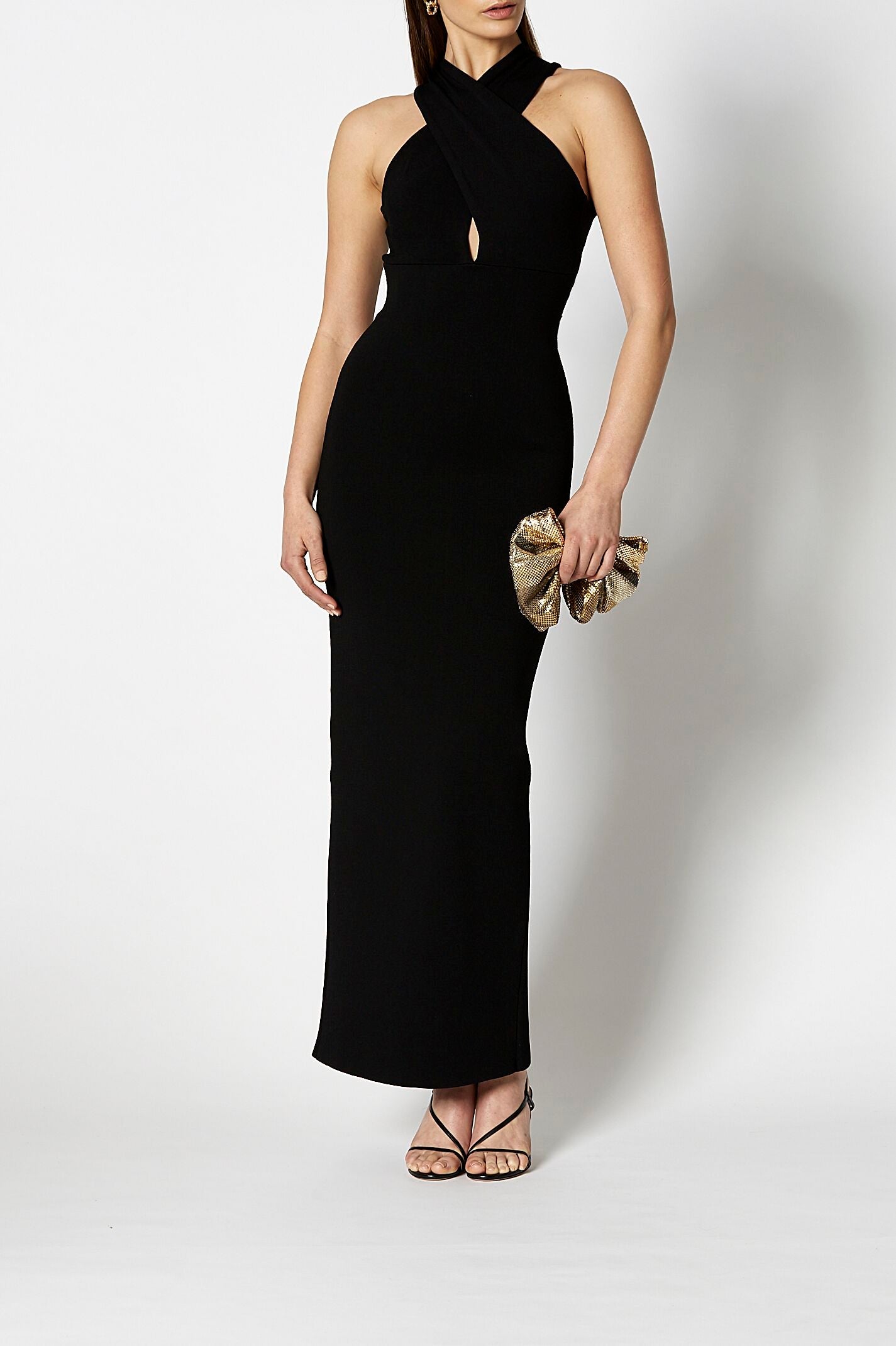 Crepe Knit Wrap Neck Gown Black - Scanlan Theodore US