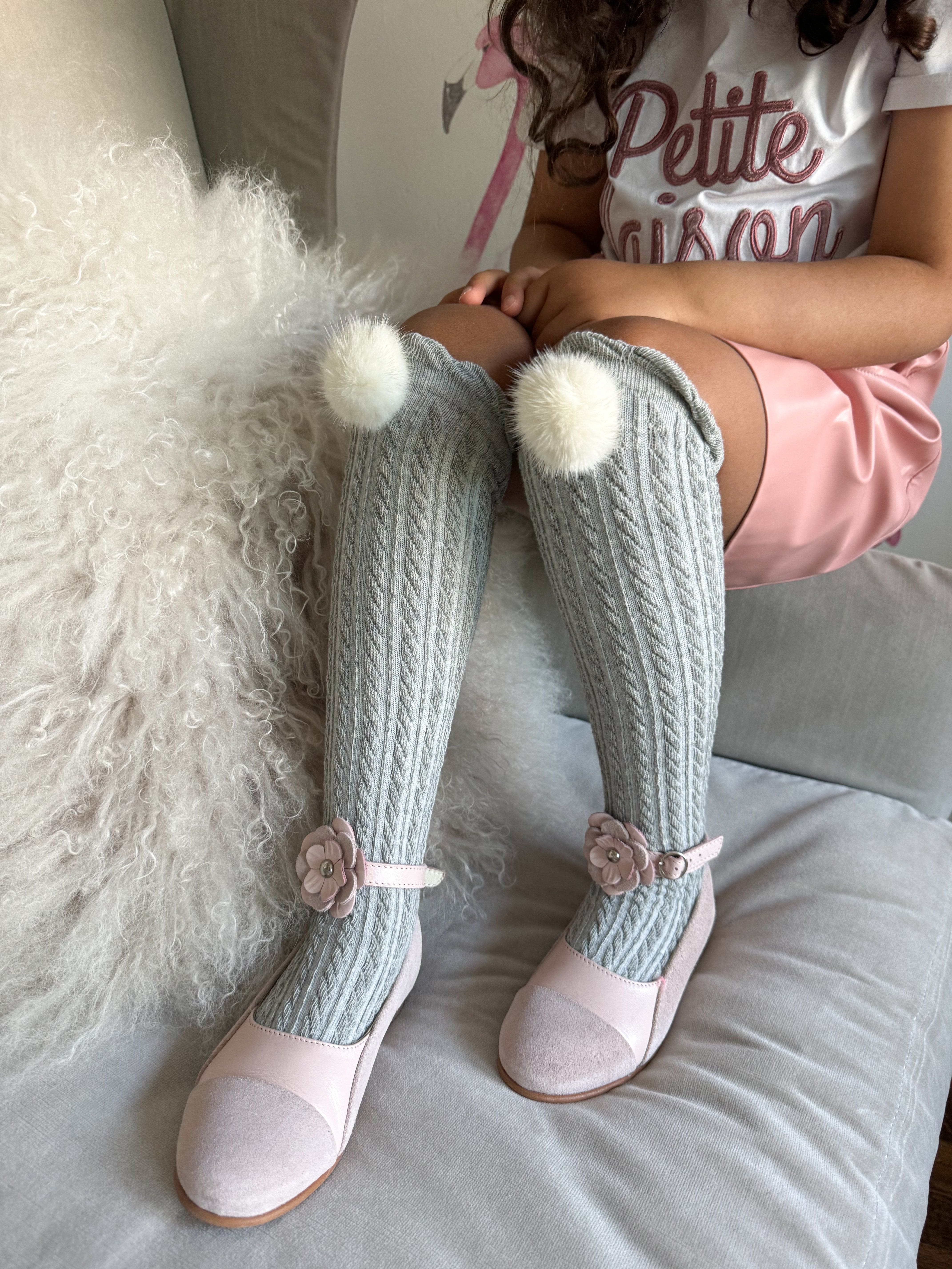 Grey Knee High Socks with Poms - White Pom - Petite Maison Kids