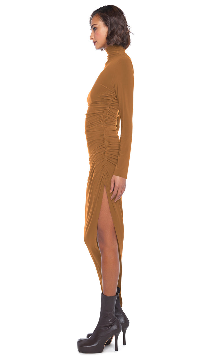Long Sleeve Turtle Neck Side Drape Gown - Norma Kamali