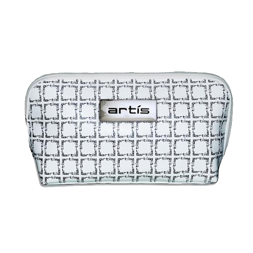 white clutch with black artis logo pattern