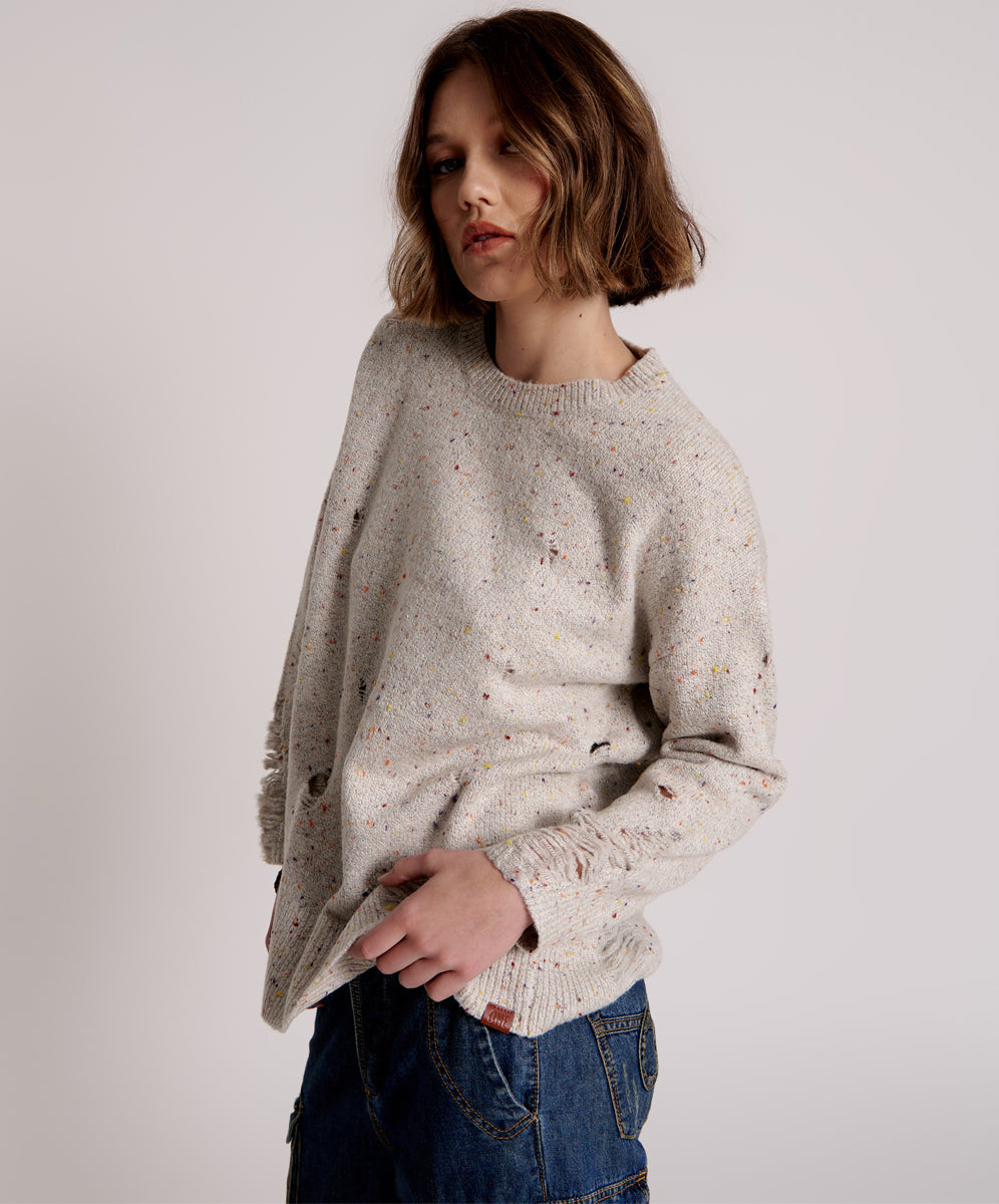 Distressed Fisherman Knit Sweater - Natural