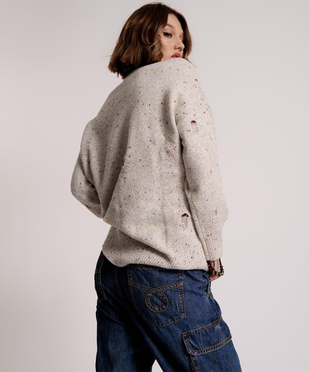 Distressed Fisherman Knit Sweater - Natural