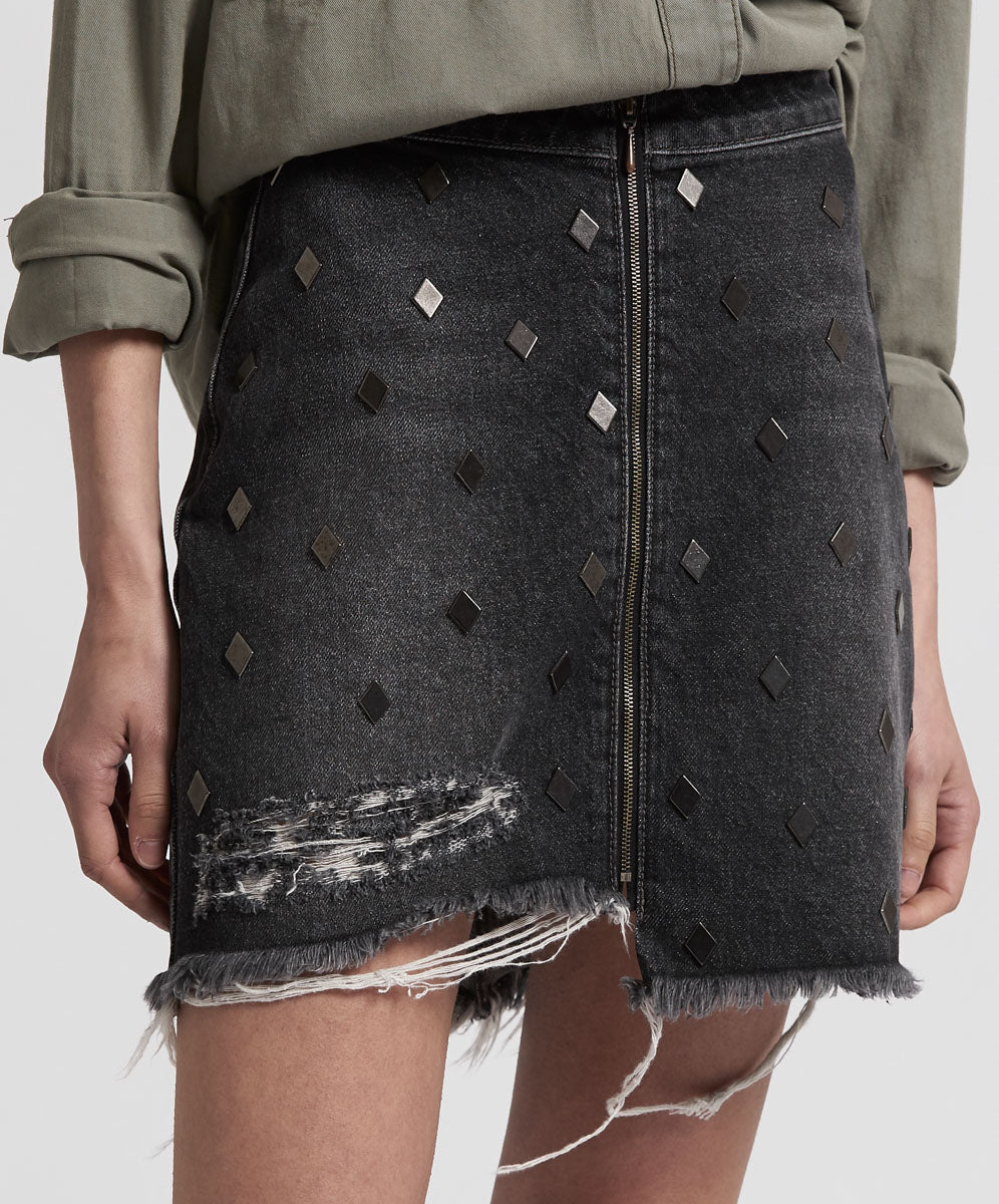 Viper High Waist Button Through Mini Denim Skirt - Black Whiskey