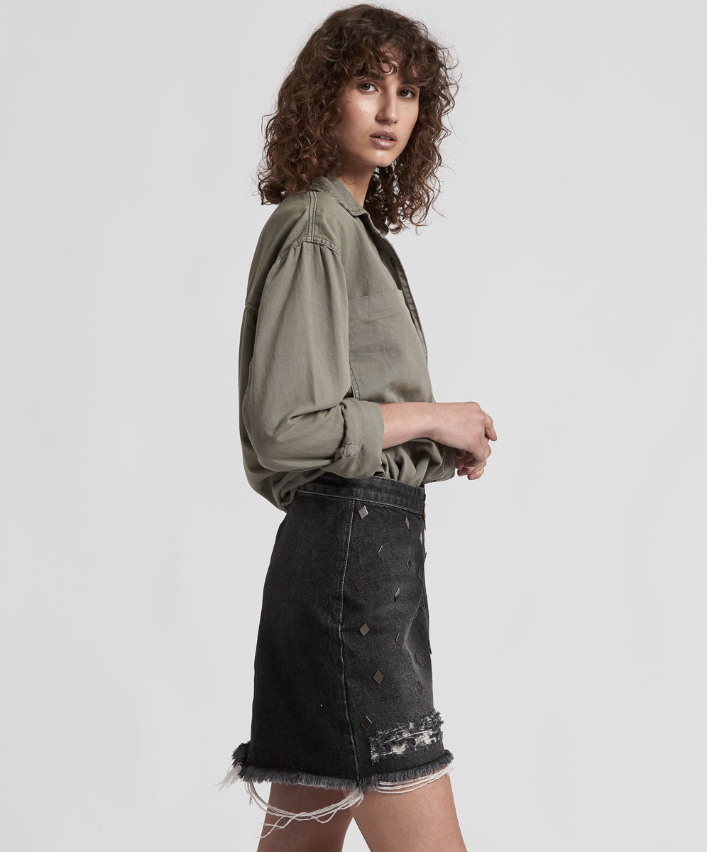 Viper High Waist Button Through Mini Denim Skirt - Black Whiskey