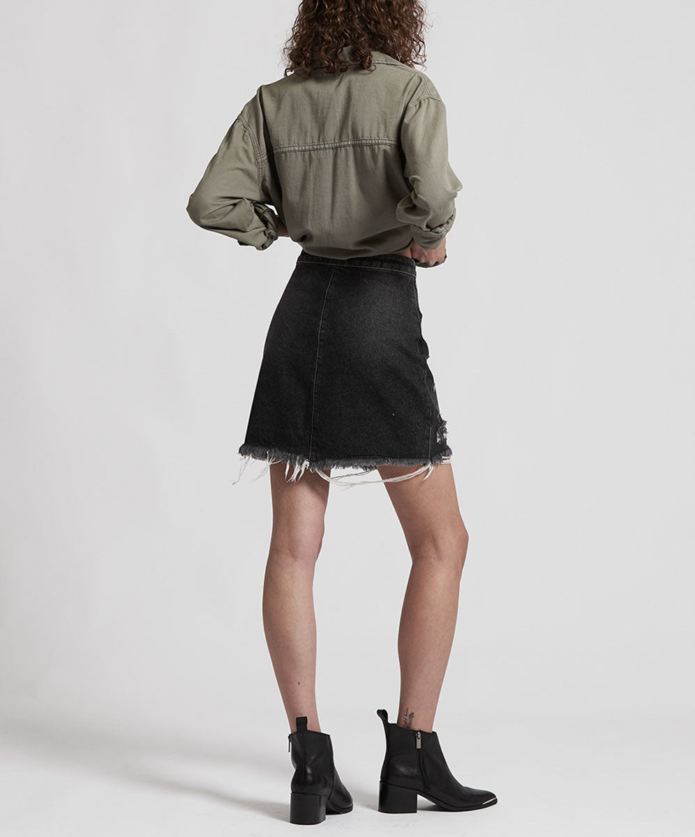 Viper High Waist Button Through Mini Denim Skirt - Black Whiskey