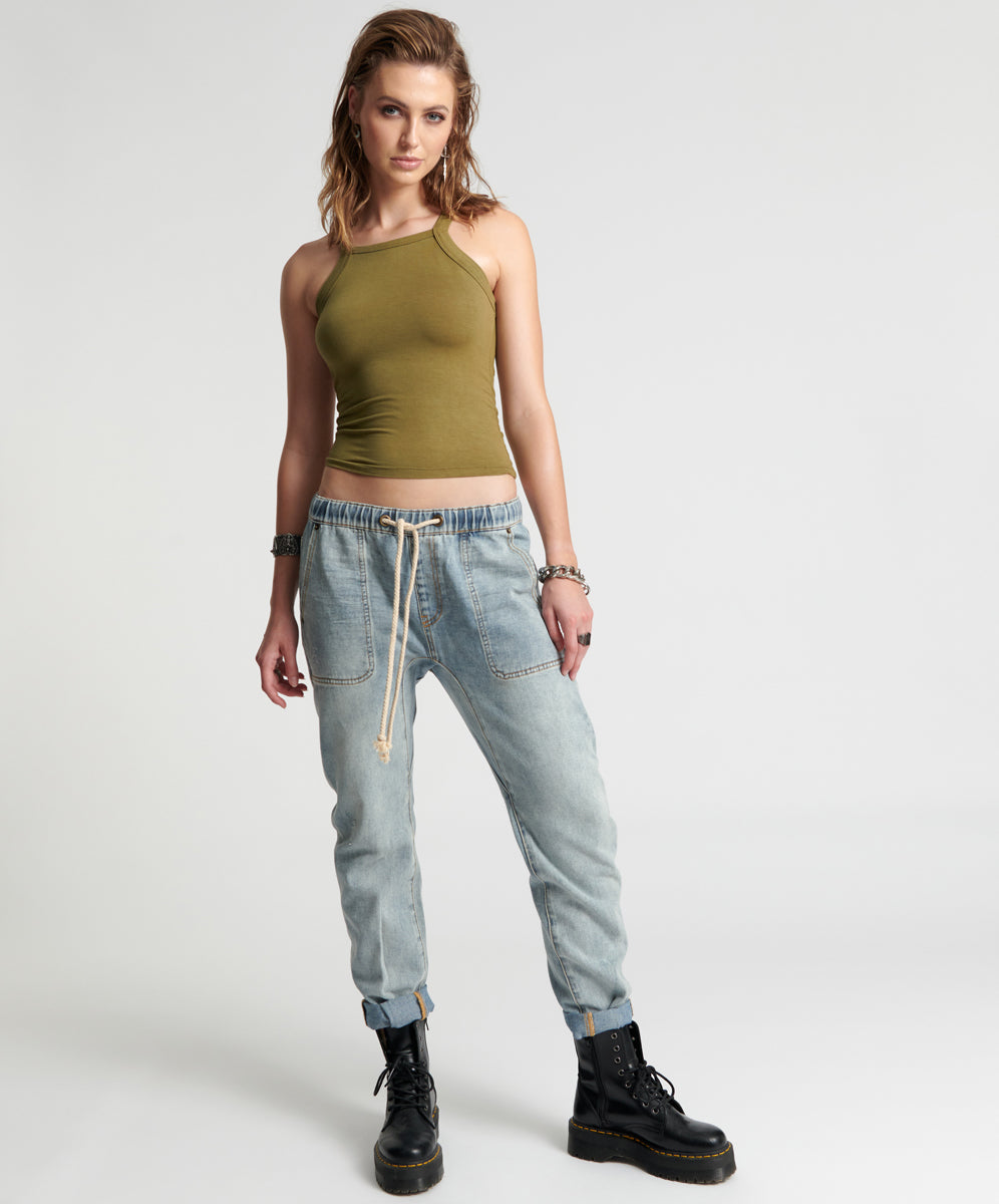 Shabbies Low Waist Drawstring Boyfriend Denim Jeans - Montana