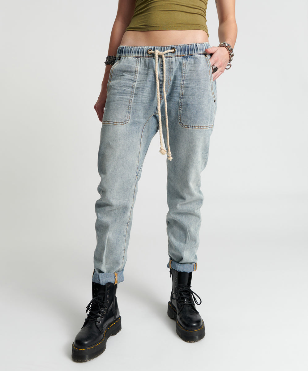 Shabbies Low Waist Drawstring Boyfriend Denim Jeans - Montana