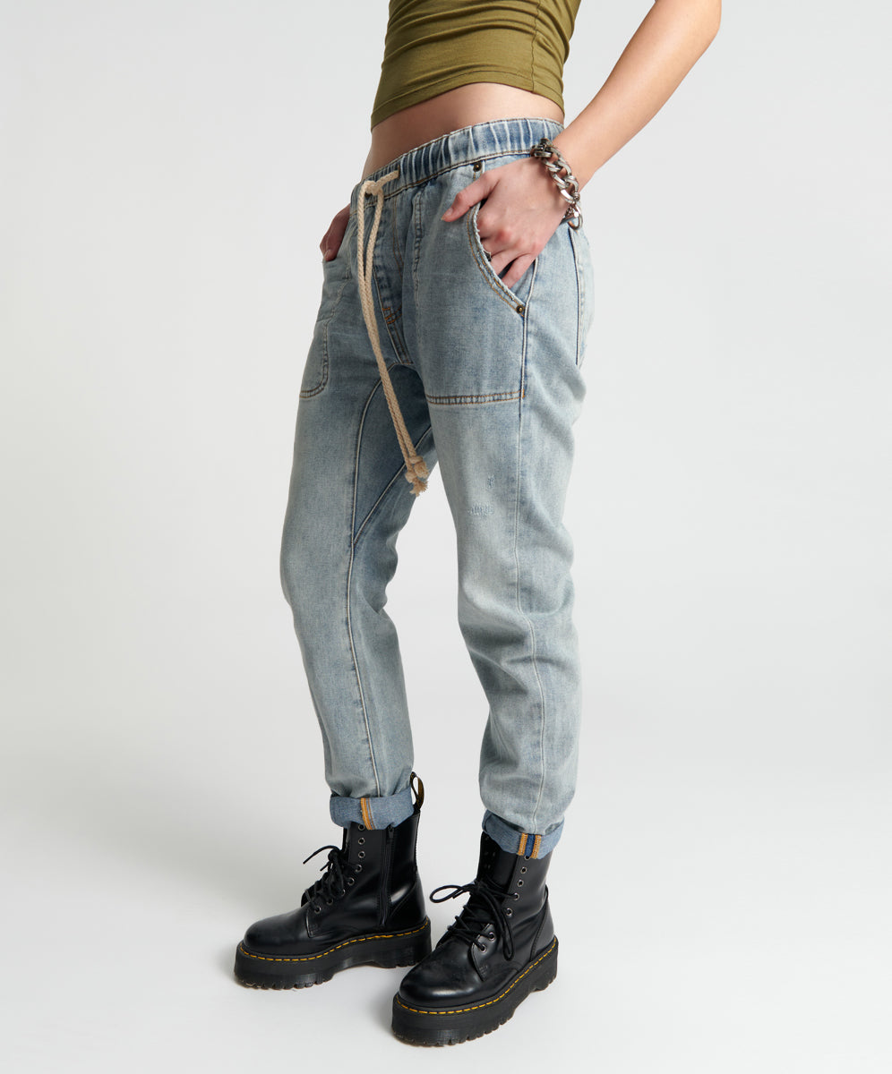 Shabbies Low Waist Drawstring Boyfriend Denim Jeans - Montana