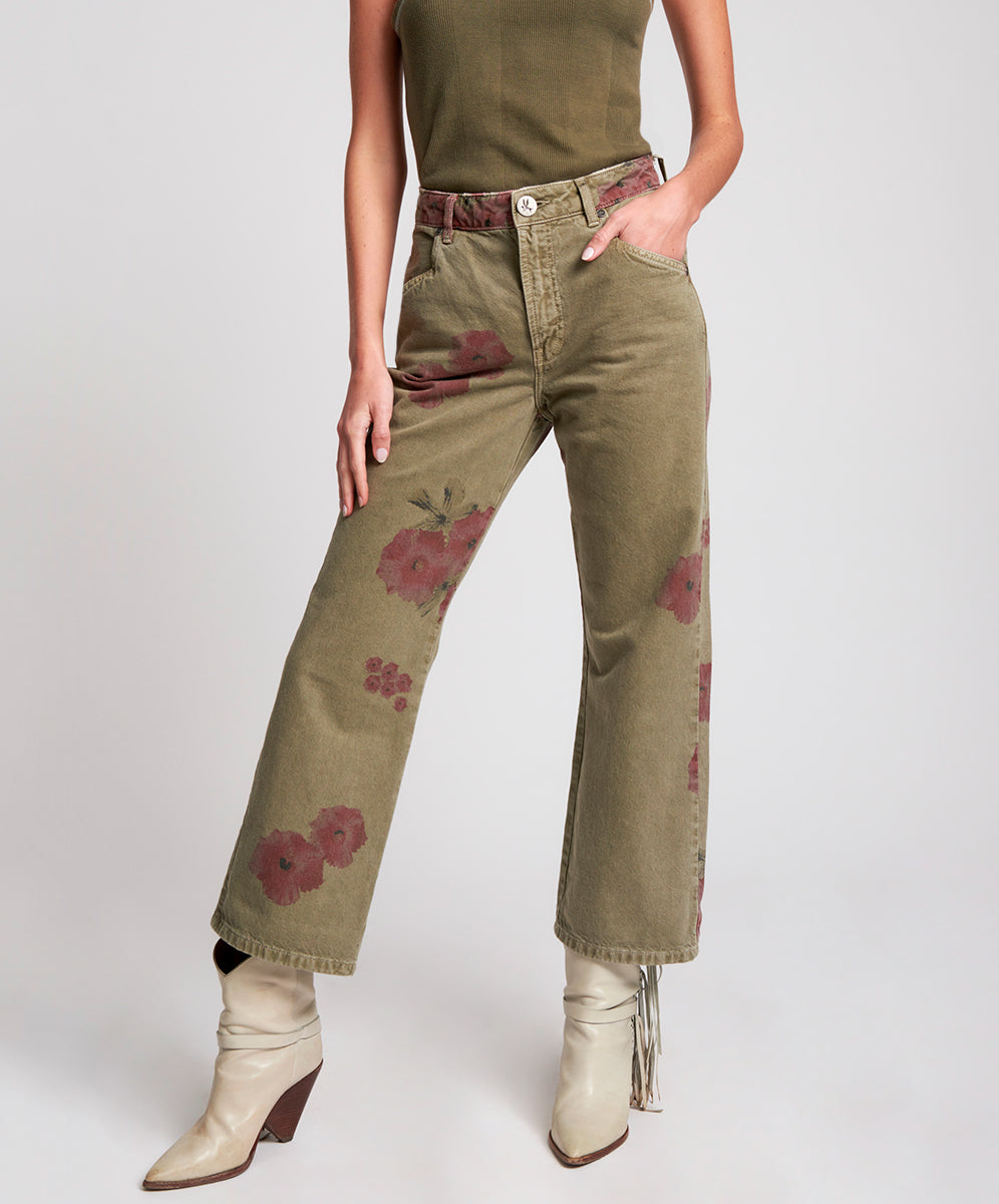 Libertines High Waist Cropped Wide Leg Denim Jeans - Khaki Hibiscus