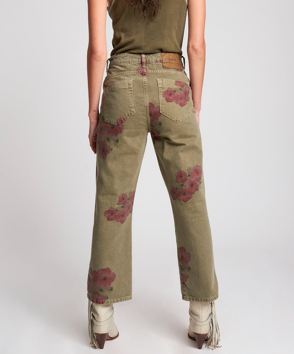 Libertines High Waist Cropped Wide Leg Denim Jeans - Khaki Hibiscus