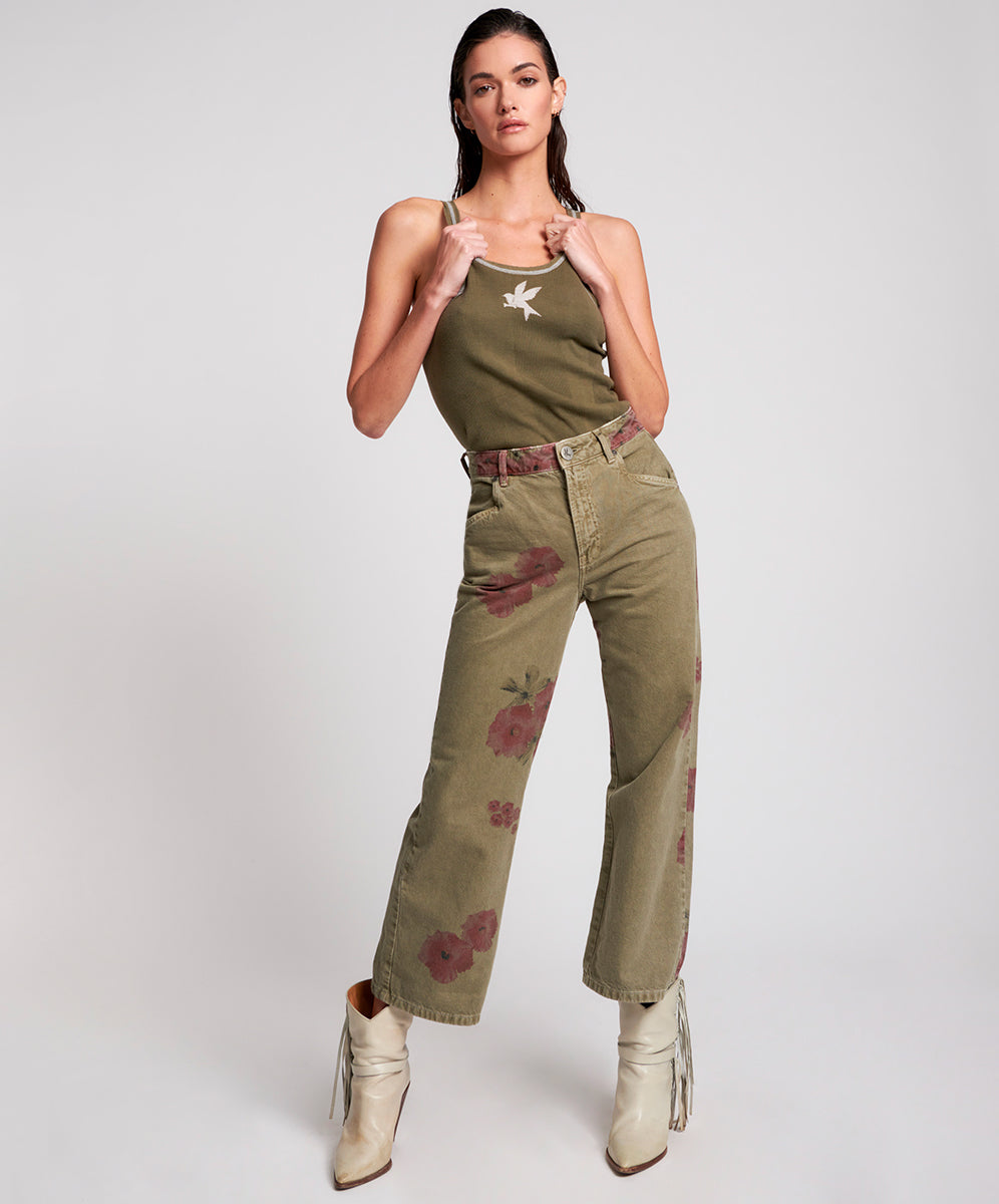 Libertines High Waist Cropped Wide Leg Denim Jeans - Khaki Hibiscus