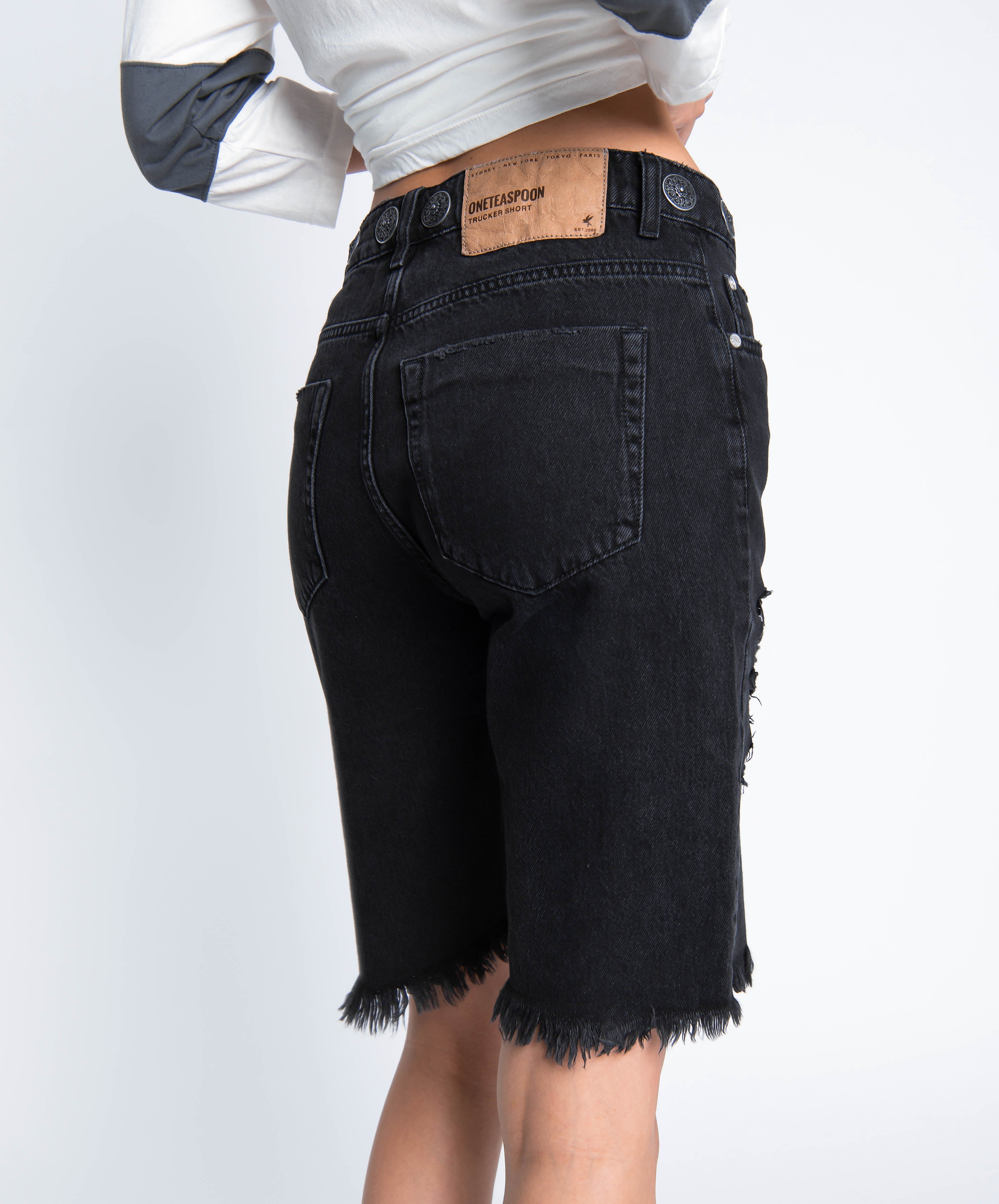 Truckers Mid Waist Long-Length Relaxed Denim Shorts - Black