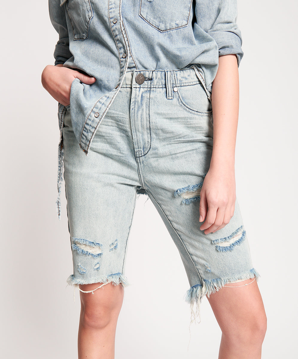 Truckers Mid Waist Relaxed Denim Shorts - Salty Dog