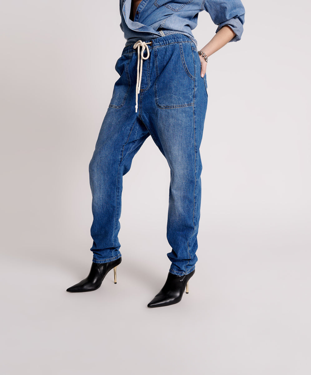 Shabbies Low Waist Drawstring Boyfriend Denim Jeans - Resort Blue