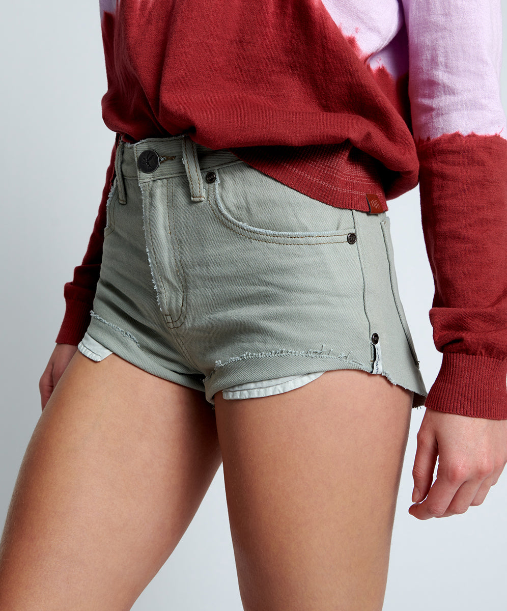 The One High Waist Cheeky Denim Shorts - Faded Khaki