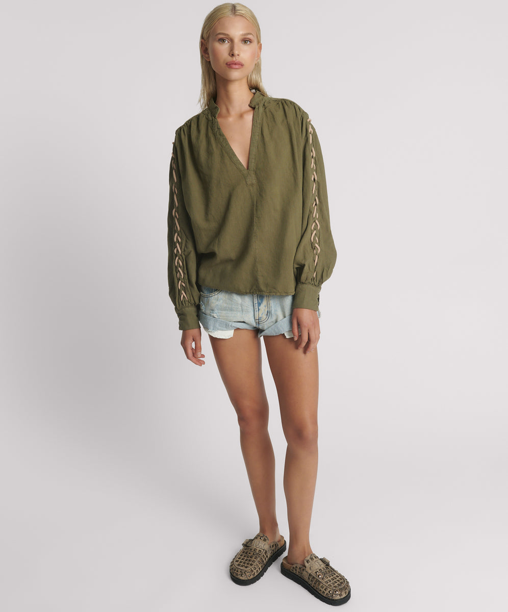 Johnny Linen Lace Up Shirt - Worn Khaki