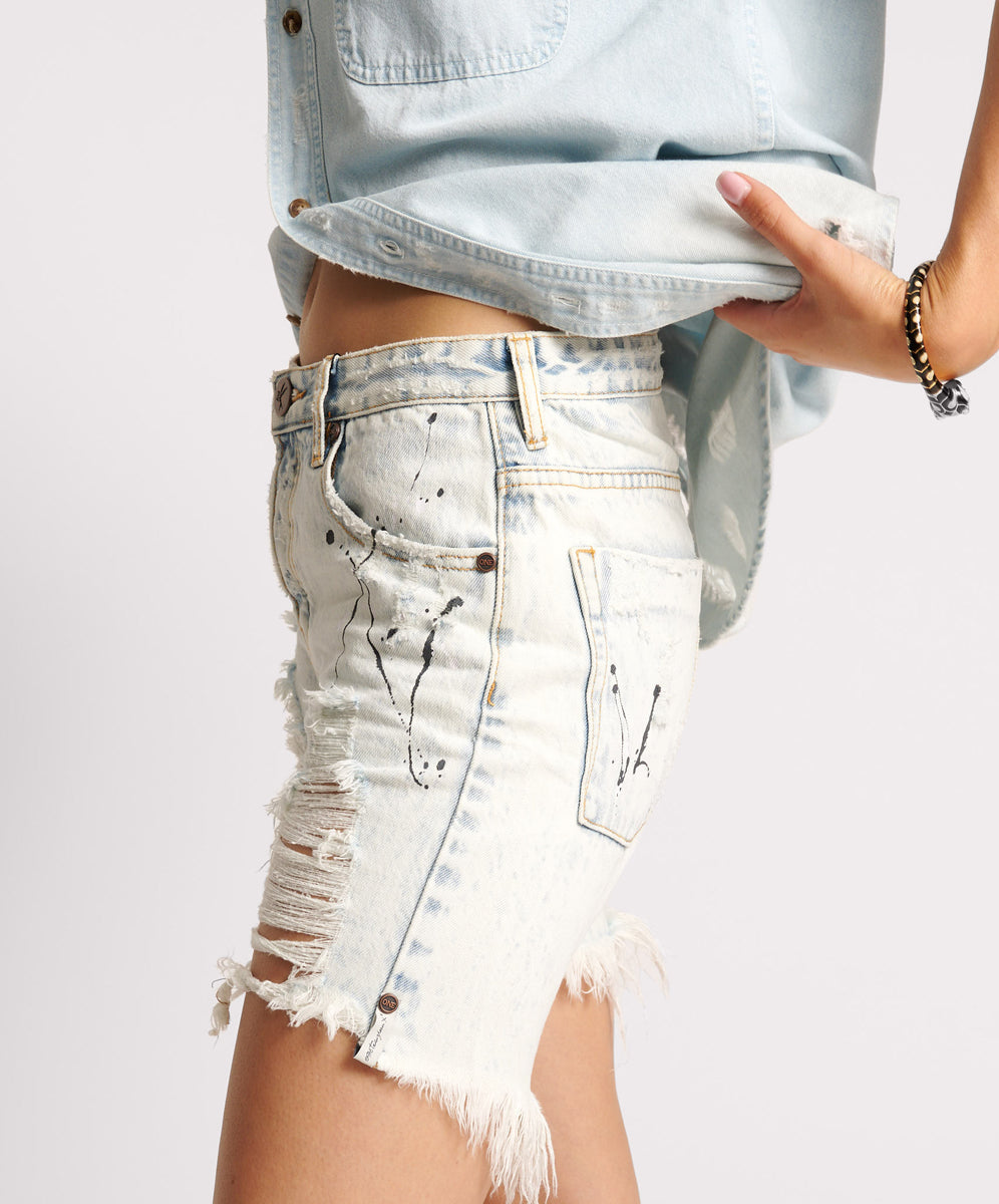 Stevies Low Waist Waist Long Length Boyfriend Denim Shorts - Florence Painted