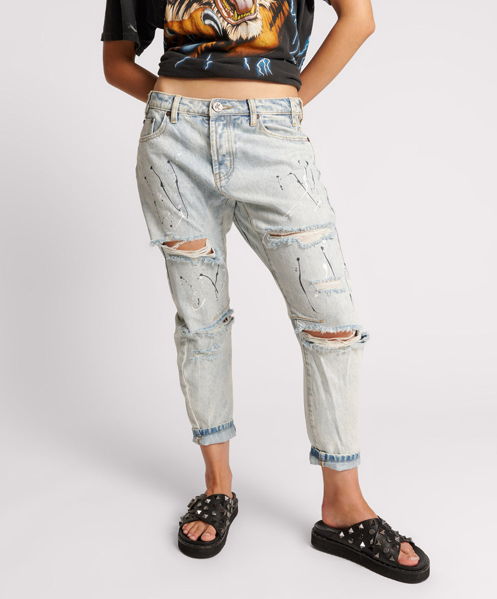 Saints Low Waist Boyfriend Denim Jeans - Florence Painted