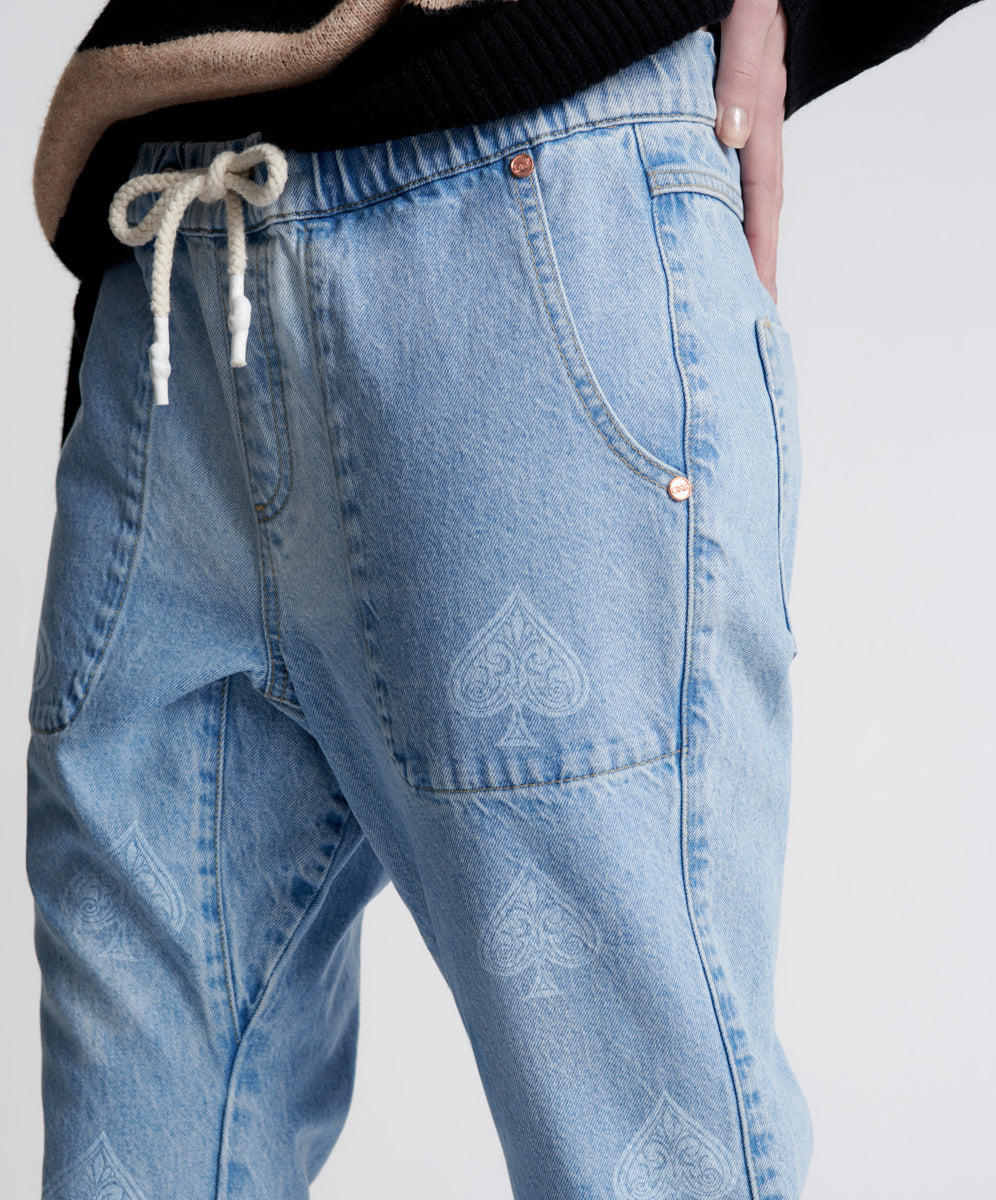 Shabbies Low Waist Drawstring Boyfriend Denim Jeans - Best Blue