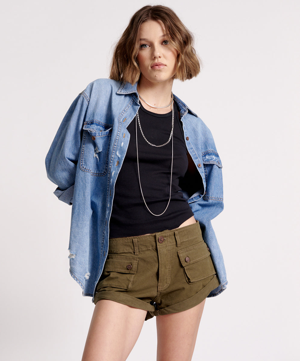 Cadet Bandits Low Waist Denim Shorts - Dark Khaki