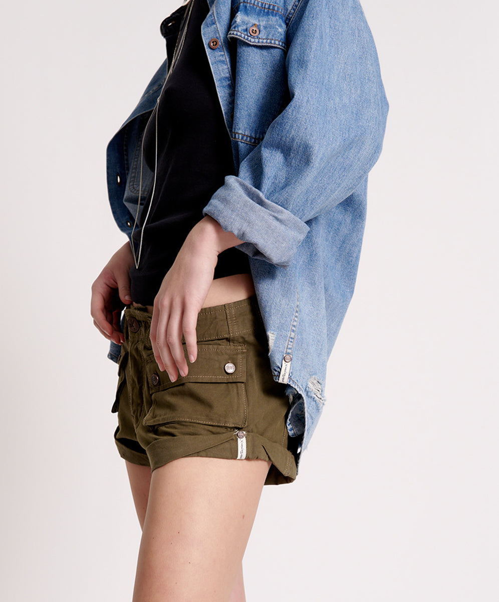 Cadet Bandits Low Waist Denim Shorts - Dark Khaki