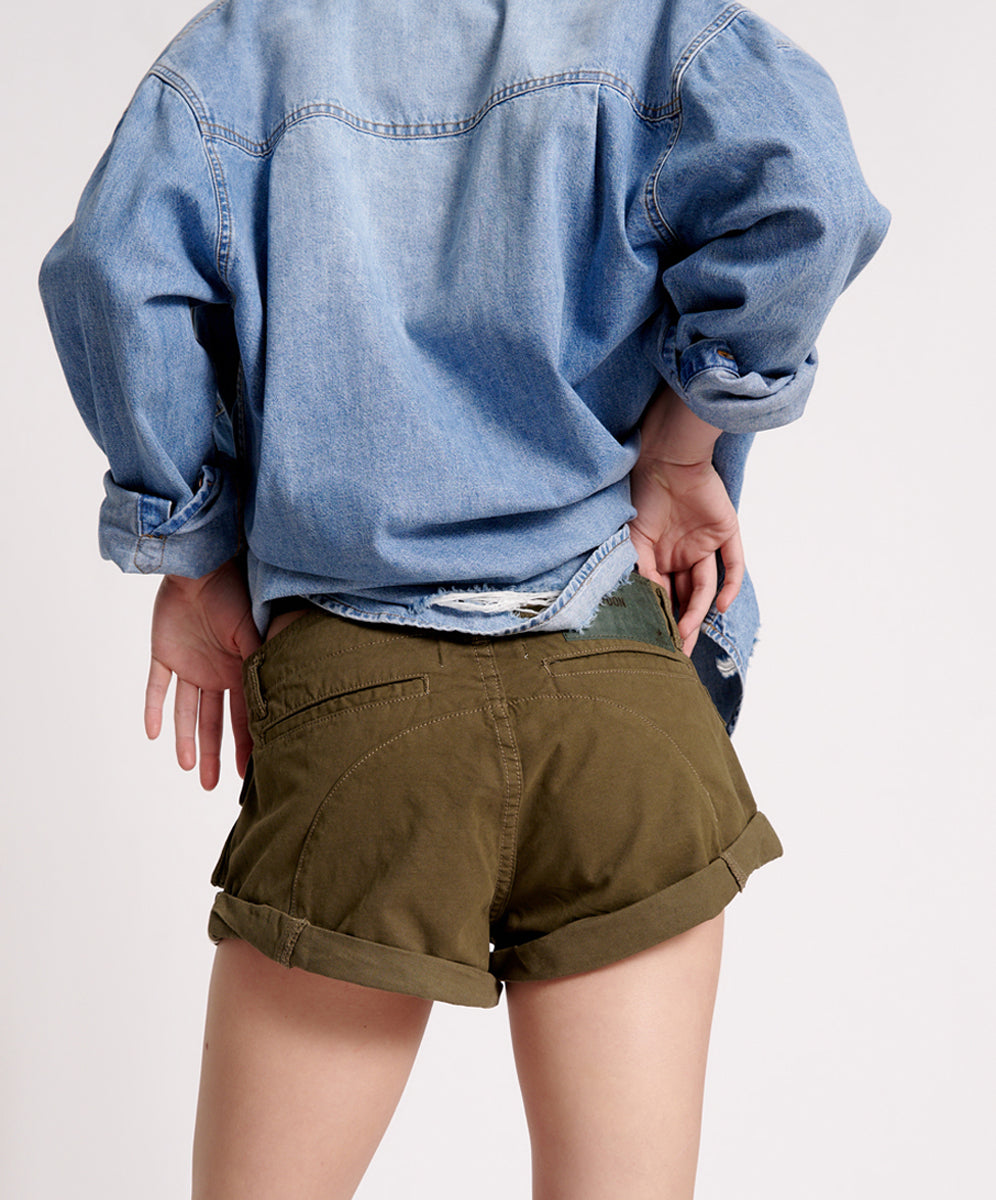 Cadet Bandits Low Waist Denim Shorts - Dark Khaki