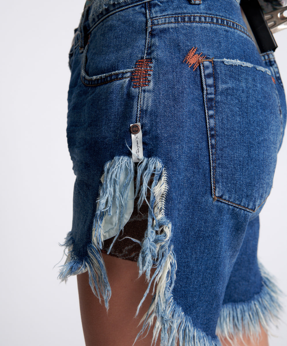 Frankies Low Waist Long Length Denim Shorts - Rodeo Blue