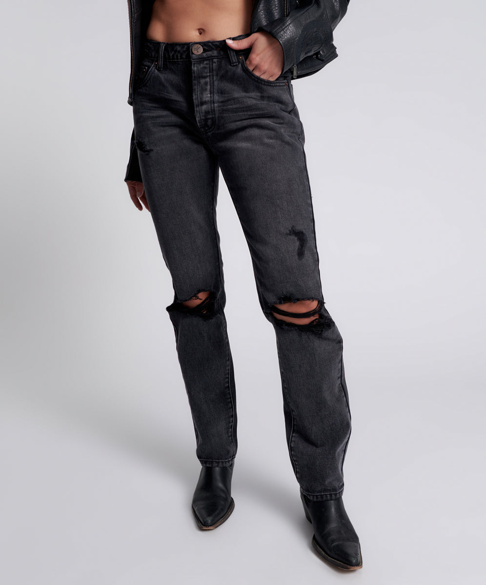 Truckers Mid Waist Straight Leg Denim Jeans - Faded Black