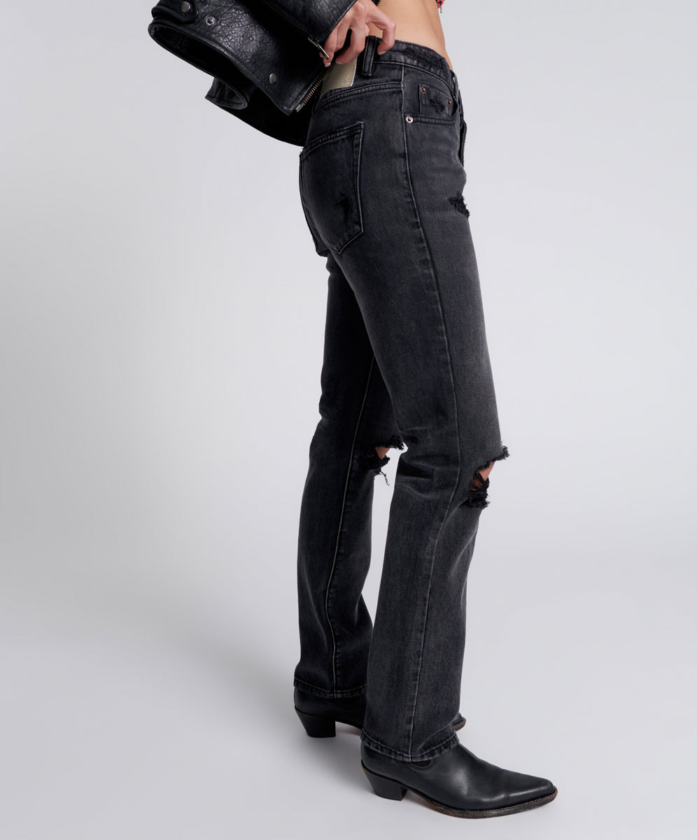 Truckers Mid Waist Straight Leg Denim Jeans - Faded Black