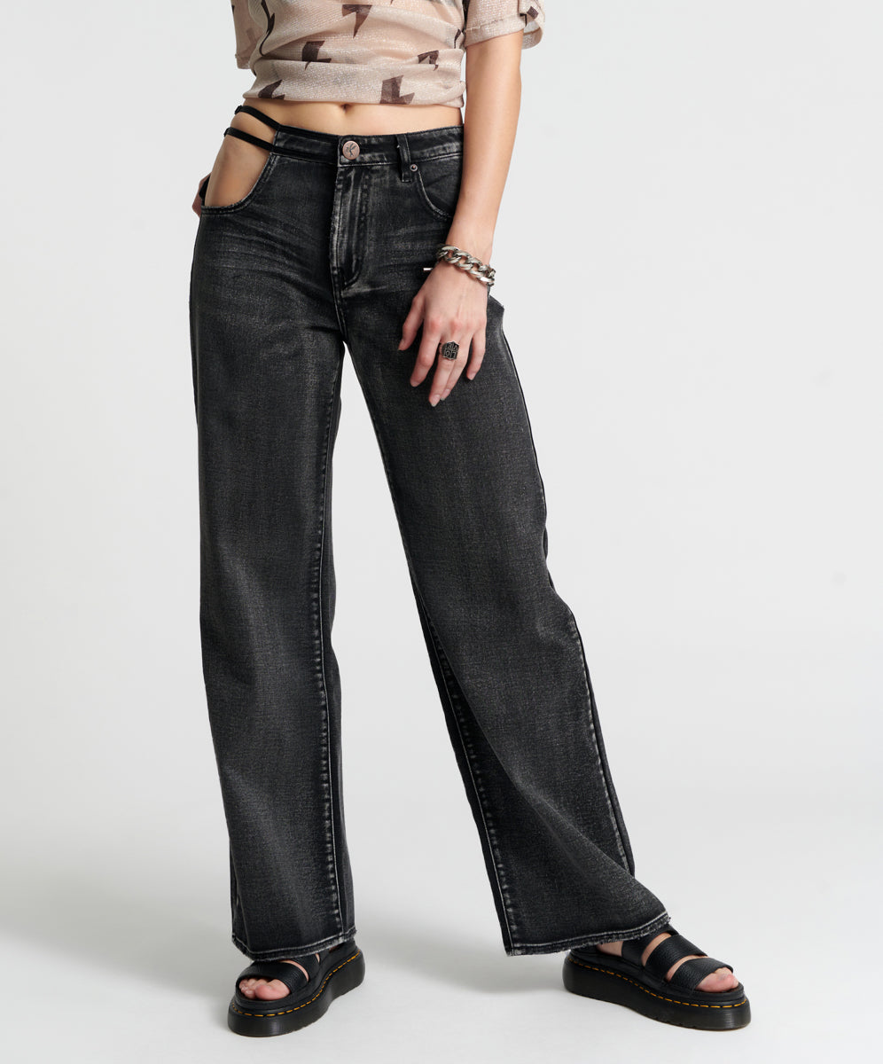 Jackson Mid Waist Wide Leg Denim Jeans - Faded Black