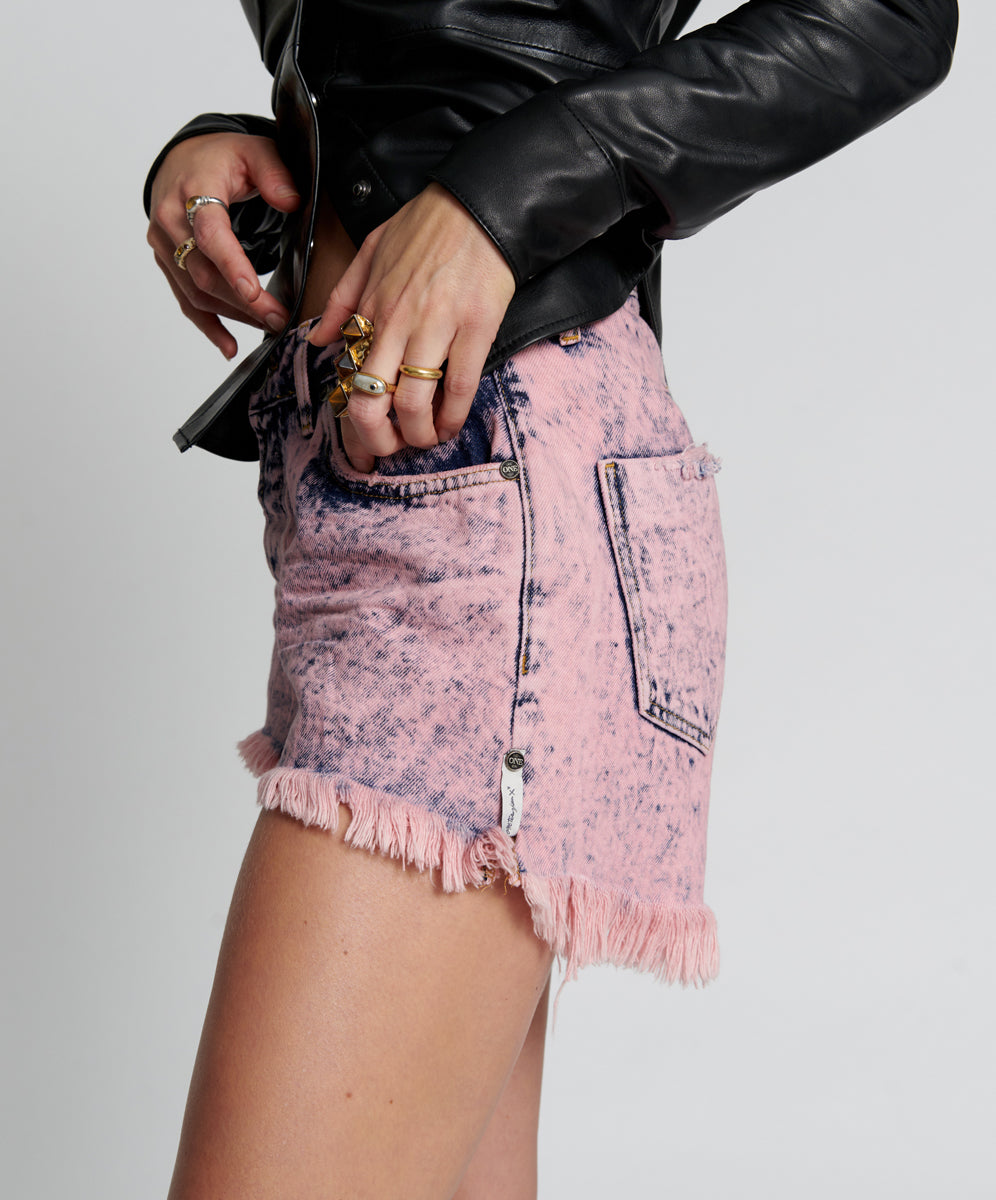 Le Wolves Mid Waist Mid Length Denim Shorts - Pink Pistol