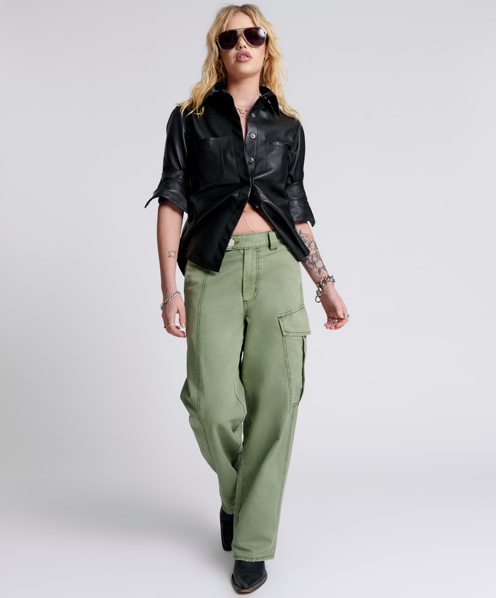 New Fiction Low Waist Wide Leg Cargo Denim Jeans - Khaki