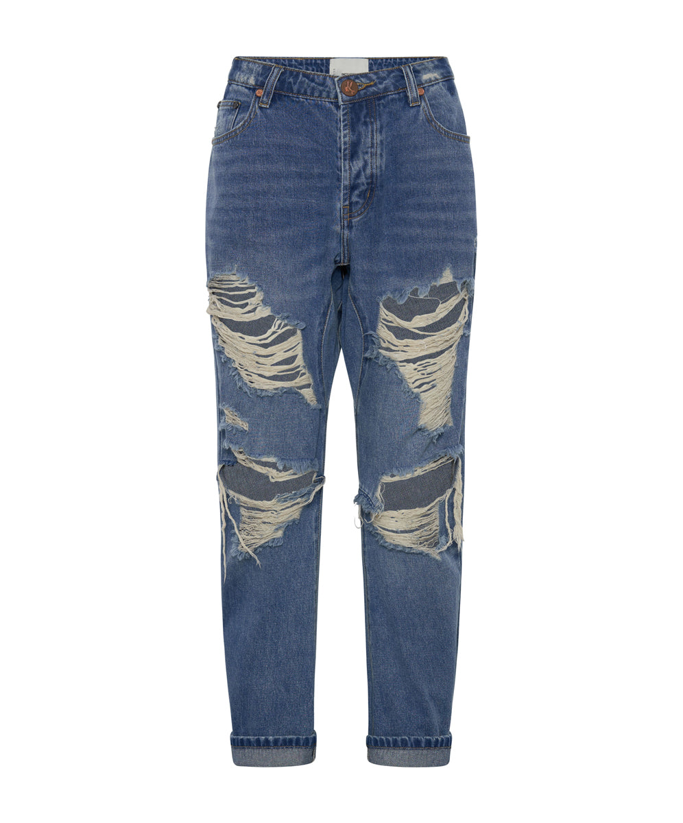 Saints Low Waist Boyfriend Denim Jeans - Pacifica