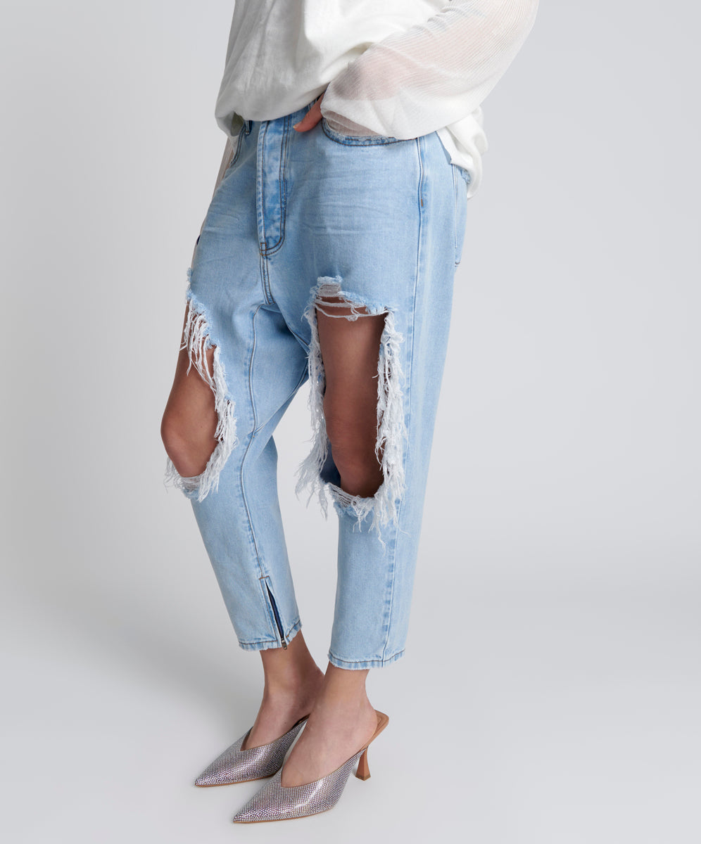 Kingpins Low Waist Cropped Boyfriend Denim Jeans - Blue Latte