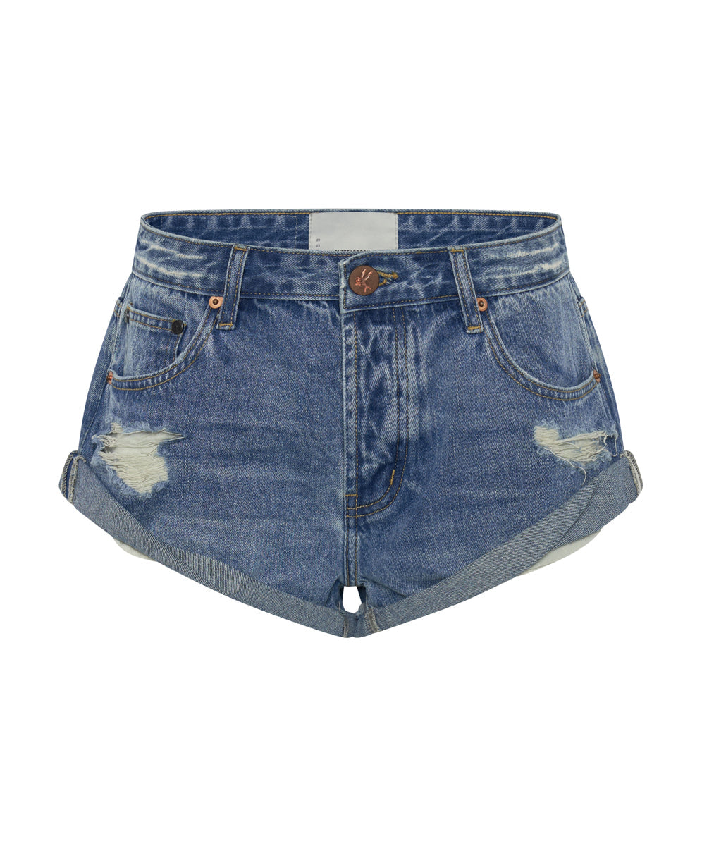 Bandits Low Waist Denim Shorts - Archived Pacifica Blue Smile Print