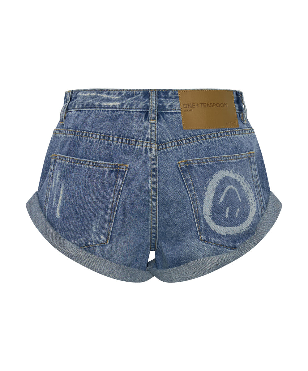 Bandits Low Waist Denim Shorts - Archived Pacifica Blue Smile Print