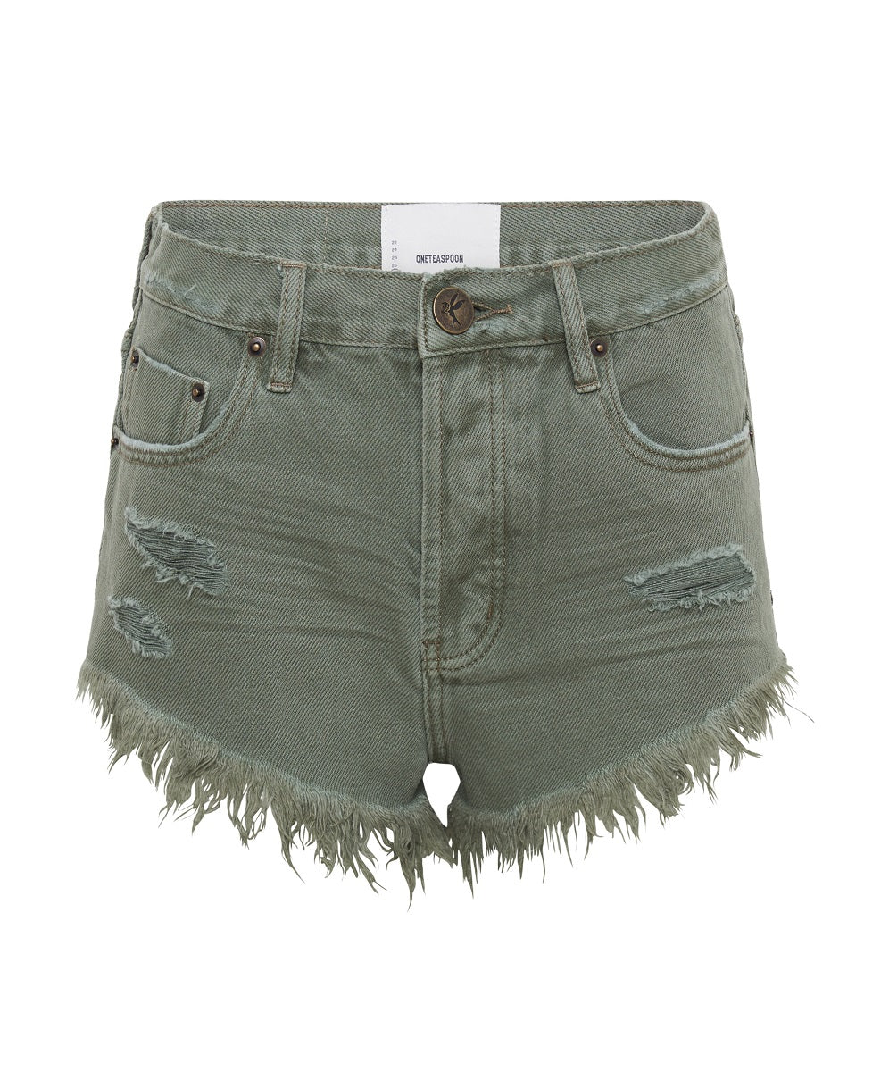 Outlaws Low Waist Mid Length Denim Shorts - Military Khaki