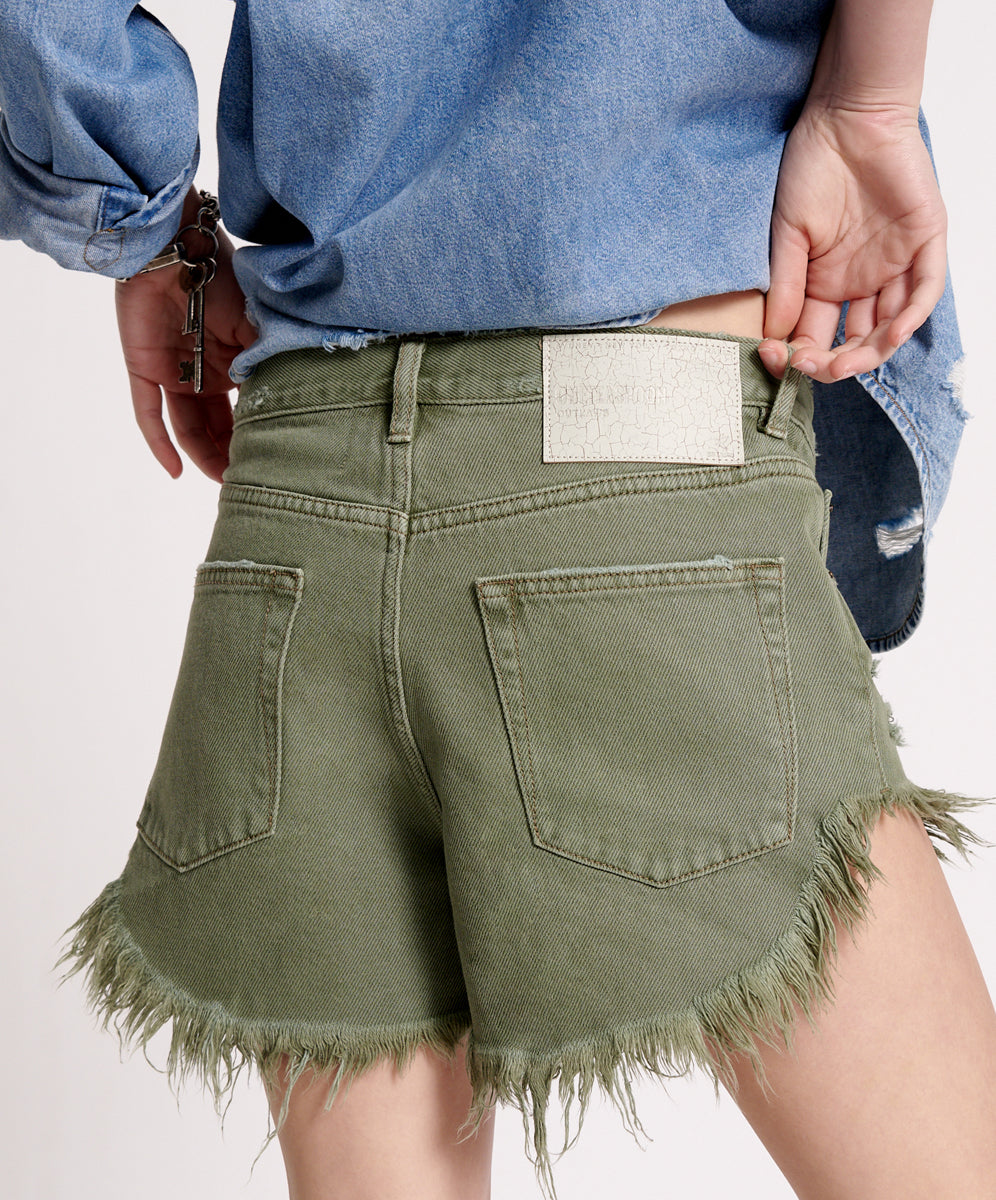 Outlaws Low Waist Mid Length Denim Shorts - Military Khaki