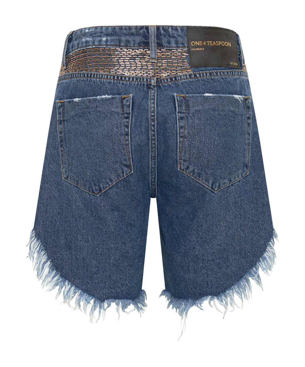 Frankies Low Waist Long Length Denim Shorts - Dark Blue Wash