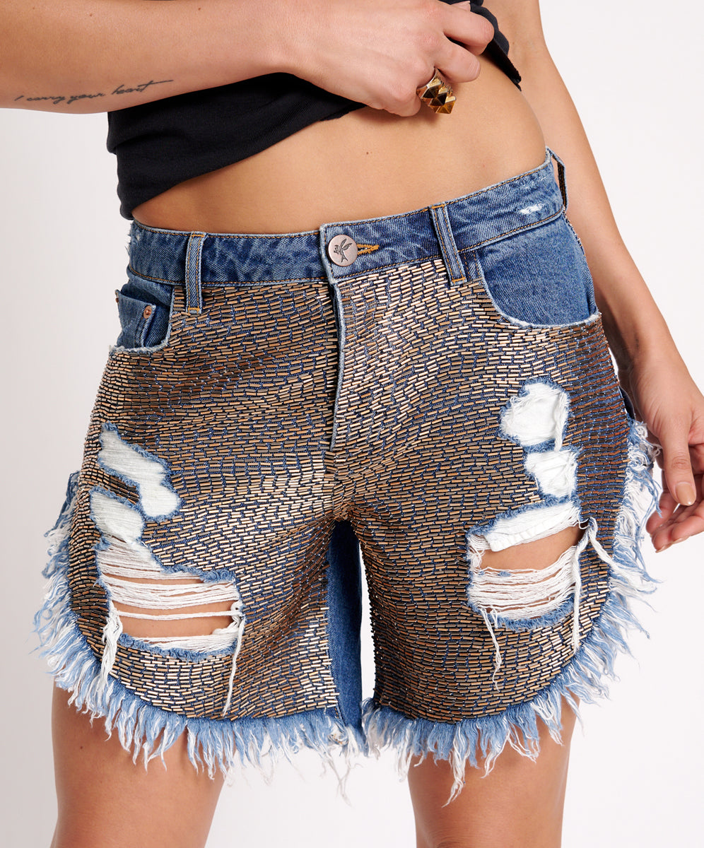 Frankies Low Waist Long Length Denim Shorts - Dark Blue Wash